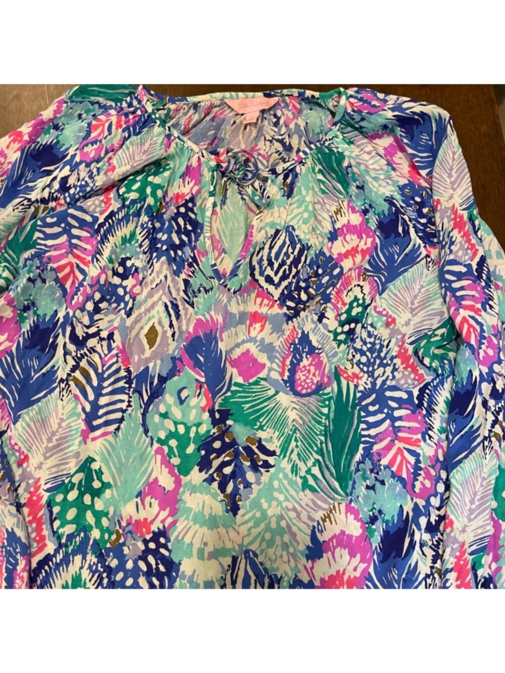 Lilly Pulitzer Willa Tunic Women's Size Large Quill Out Poet Rayon Blouse Preppy - Picture 10 of 10